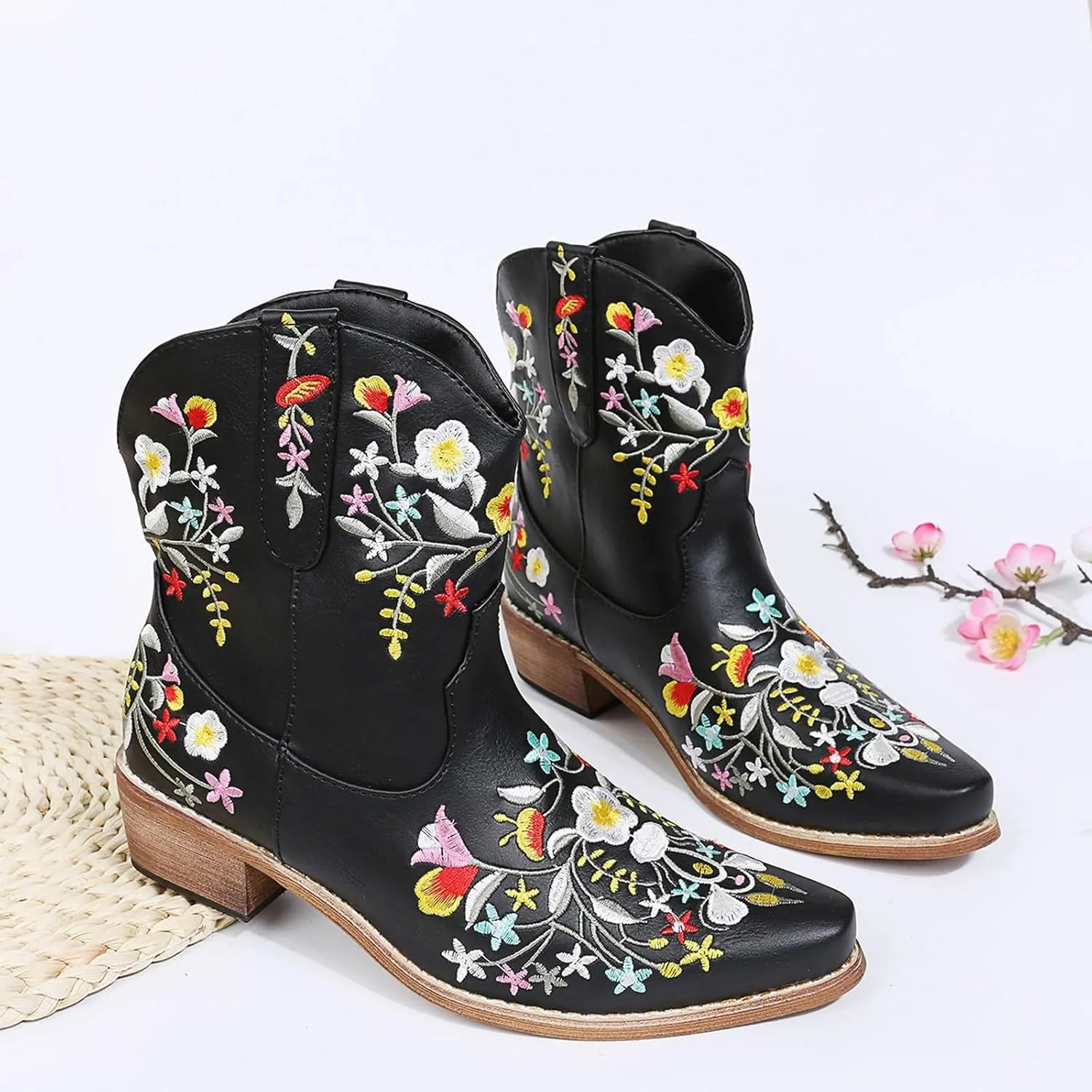 Ankle Boots for Women Cowboy BootsCowgirl Boots Chunky Heel Flower Embroidered Chunky Heels Pointed Women Ankle Boots