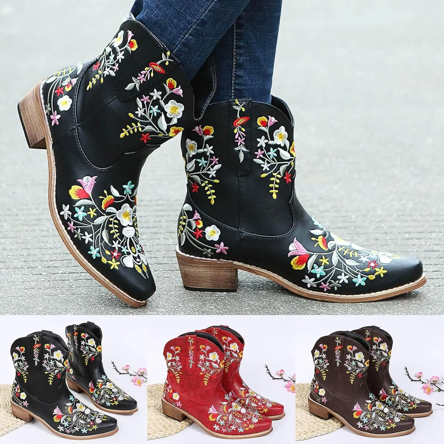 Ankle Boots for Women Cowboy BootsCowgirl Boots Chunky Heel Flower Embroidered Chunky Heels Pointed Women Ankle Boots