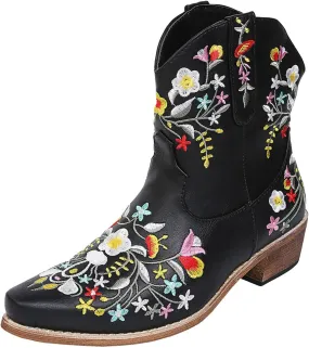 Ankle Boots for Women Cowboy BootsCowgirl Boots Chunky Heel Flower Embroidered Chunky Heels Pointed Women Ankle Boots