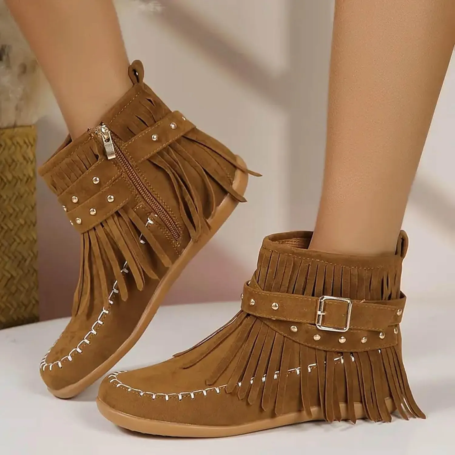Ankle Boots for Women Low Heel Women's Cowboy Boots Fringe Faux Suede Boots Retro Round Toe Zipper Knight Booties