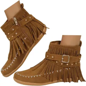 Ankle Boots for Women Low Heel Women's Cowboy Boots Fringe Faux Suede Boots Retro Round Toe Zipper Knight Booties