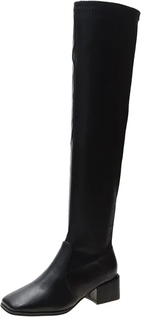 Ankle Boots For Women Square Toe Over Knee Boots Suede Zipper Thigh High Boots Chunky Heeled Tall Long Boots