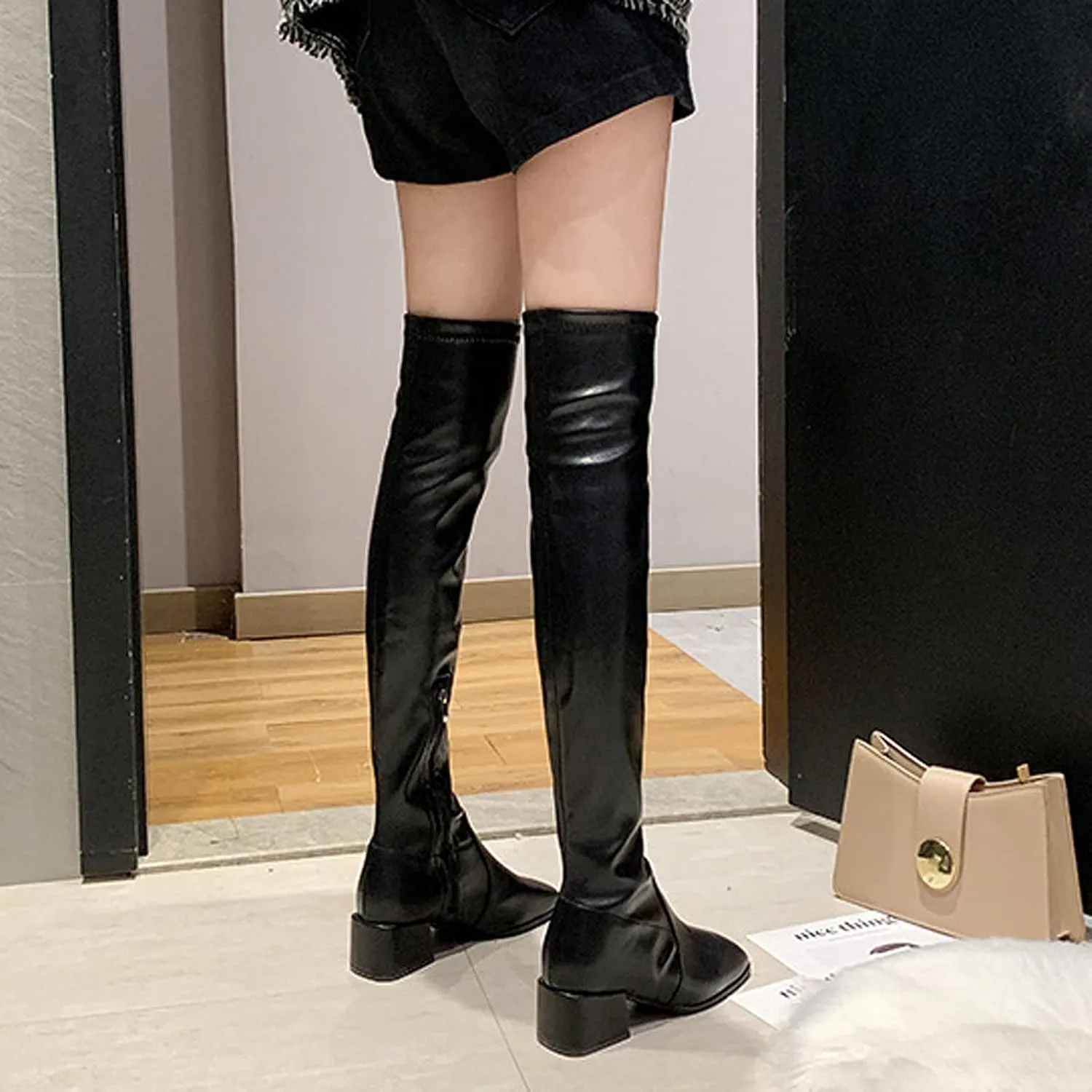 Ankle Boots For Women Square Toe Over Knee Boots Suede Zipper Thigh High Boots Chunky Heeled Tall Long Boots