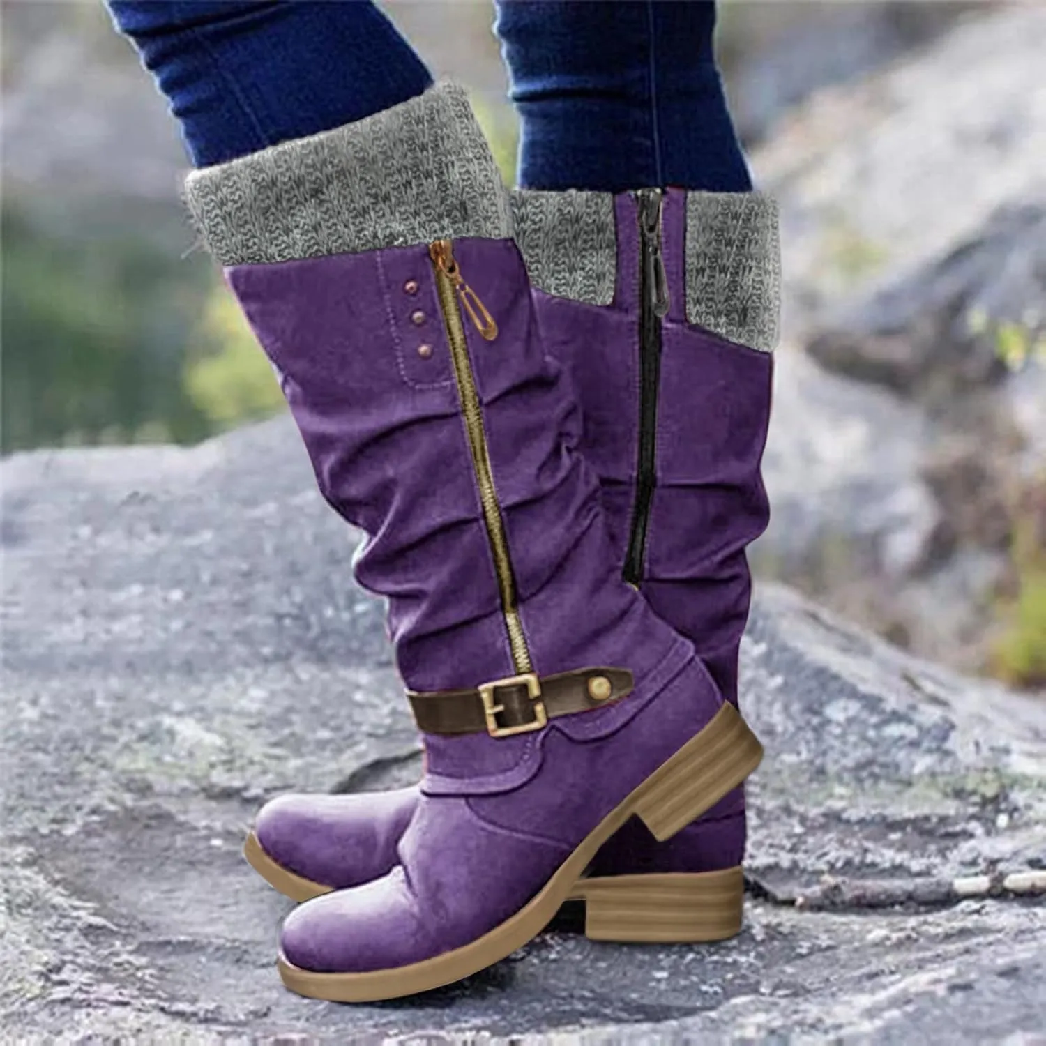 Ankle Boots For Women Suede Zipper Thigh High Boots Low Heels Knee High Boots Over Knee Tall Long Bootie