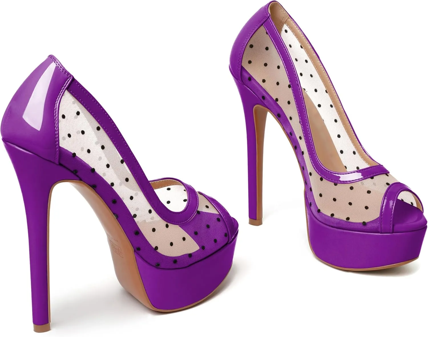 AUMOTED Women's Peep Toe High Heel Platform Stiletto Pumps Slip On Patent Mesh Polka Dot Heels 5.5" Party Wedding Dress Shoes