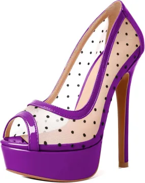 AUMOTED Women's Peep Toe High Heel Platform Stiletto Pumps Slip On Patent Mesh Polka Dot Heels 5.5" Party Wedding Dress Shoes
