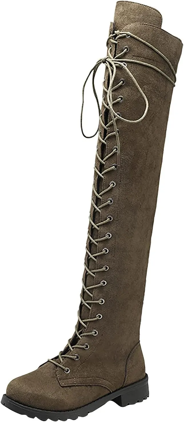 Bcshiye Women's Over The Knee Block Heel Stretch Boots Slouch Flat Heel Long Boots Comfort Suede Long Riding Booties