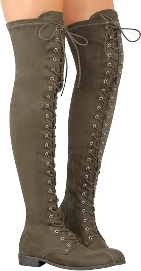 Bcshiye Women's Over The Knee Block Heel Stretch Boots Slouch Flat Heel Long Boots Comfort Suede Long Riding Booties