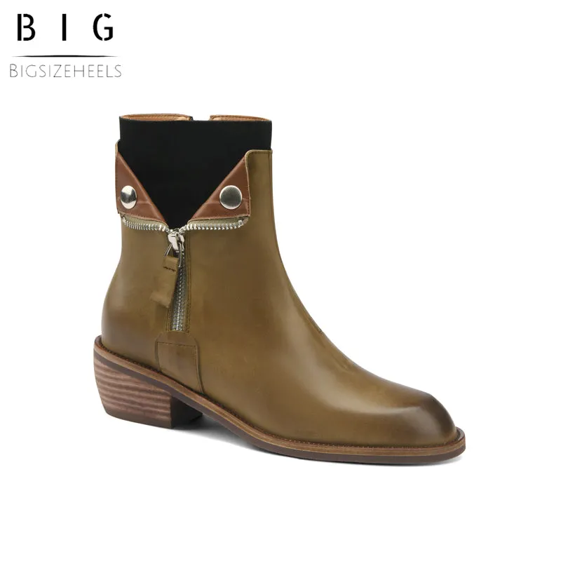 Bigsizeheels Polished round toe retro short boots - Green