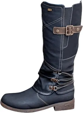 Boots For Women Knee High Wide Calf Leather Combat Riding Fashion Winter Boots Zipper Low Heel Motorcycle Biker Boots