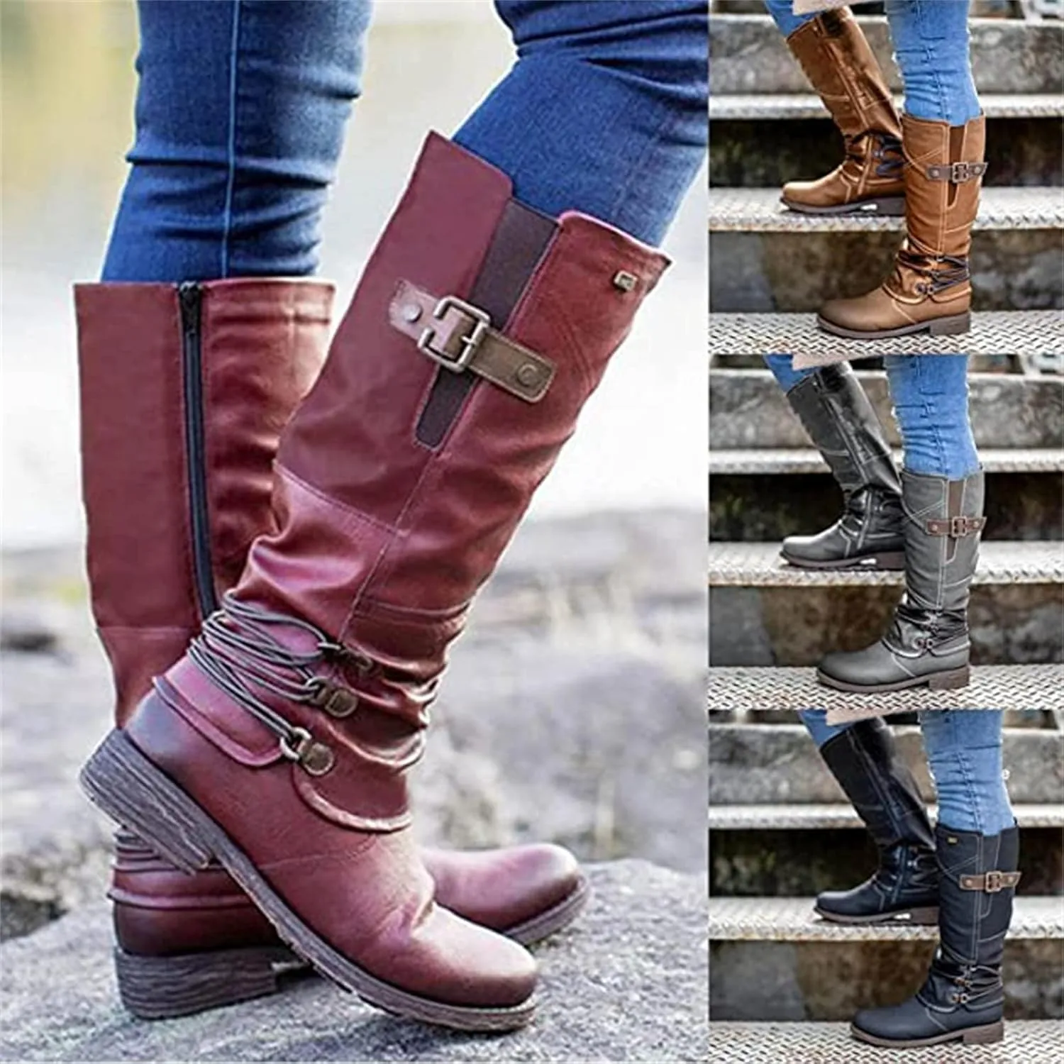 Boots For Women Knee High Wide Calf Leather Combat Riding Fashion Winter Boots Zipper Low Heel Motorcycle Biker Boots
