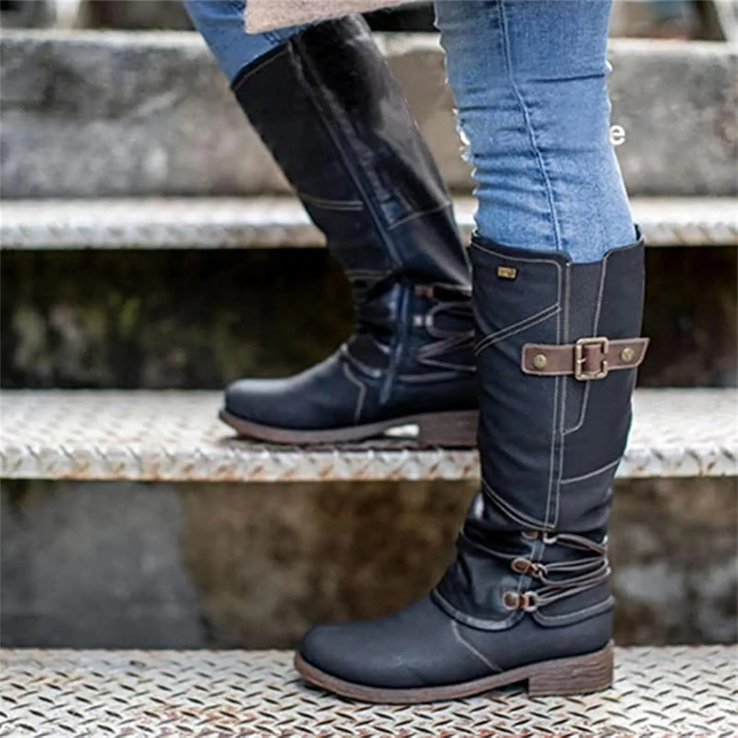 Boots For Women Knee High Wide Calf Leather Combat Riding Fashion Winter Boots Zipper Low Heel Motorcycle Biker Boots