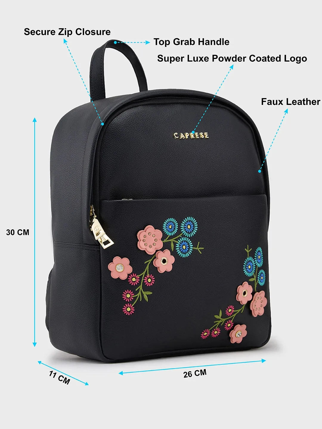 Caprese Erica Fashion Backpack Embroidered Medium Black