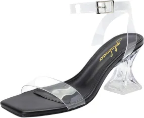 Clear Heels for Women Chunky Heel Sexy Open Square Toe Clear Ankle Strap Block Low Heeled Sandals
