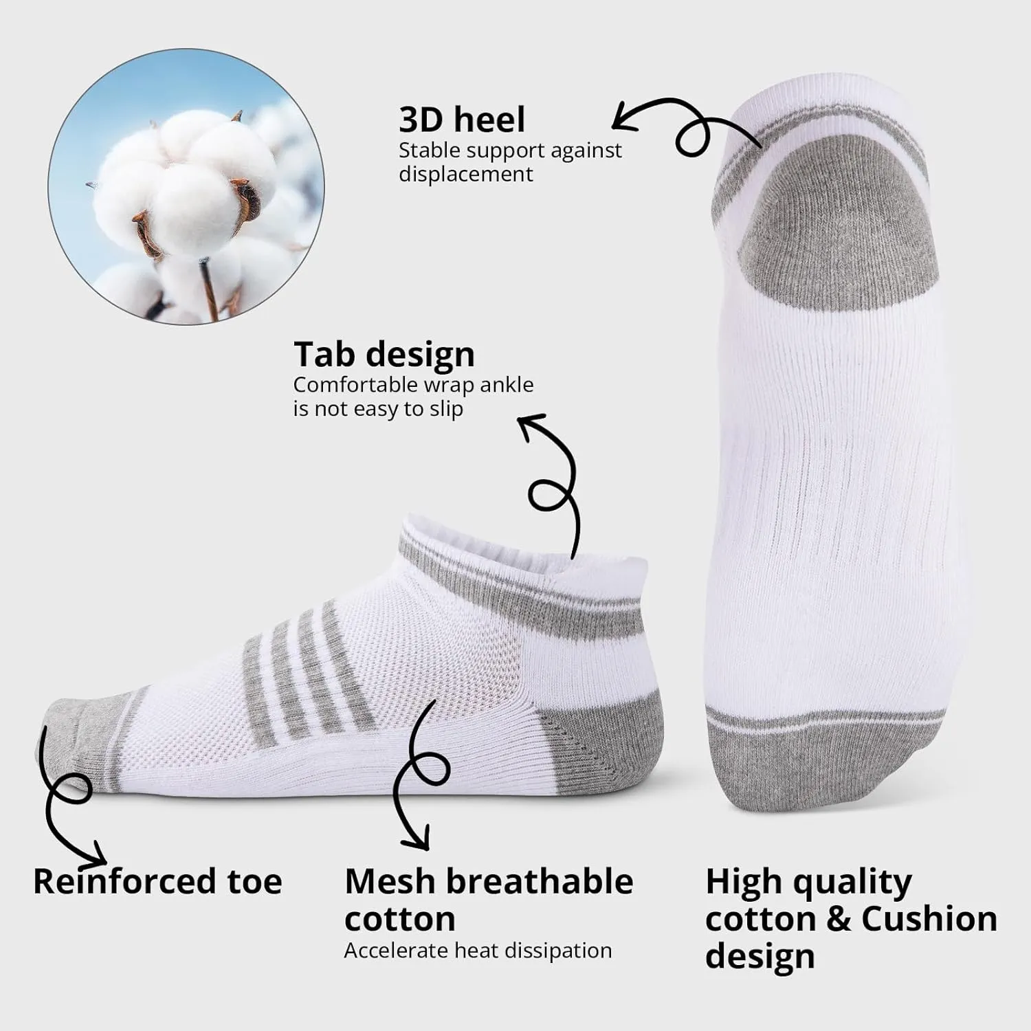 COOVAN Mens Ankle Socks 8 Pairs Cotton Cushioned Breathable Athletic Tab Running Anti-Blister Sports Socks