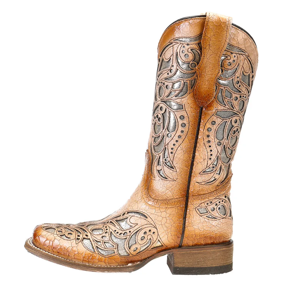 Corral Childrens Beige Shiny Inlay & Embroidery Square Toe Boots T0104