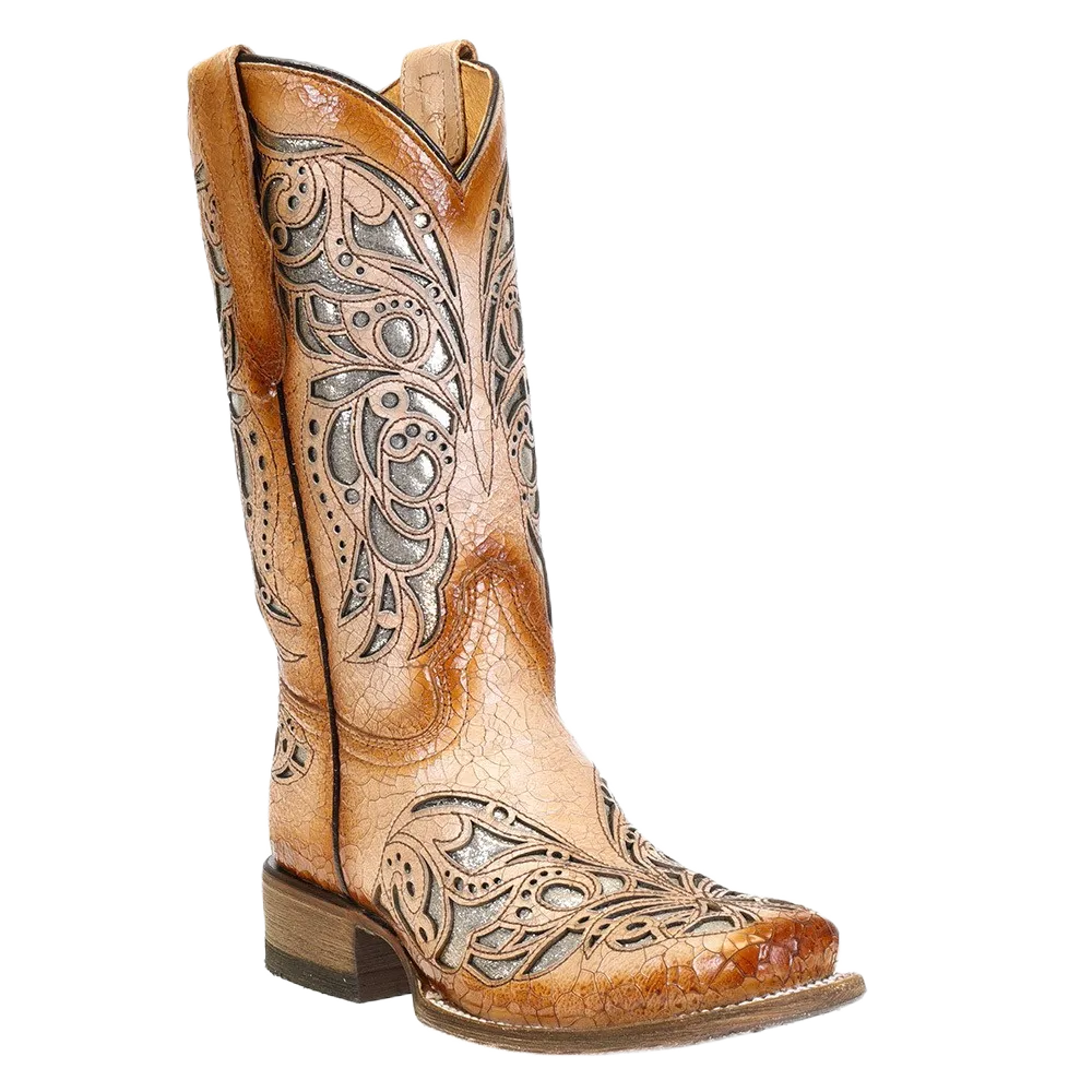 Corral Childrens Beige Shiny Inlay & Embroidery Square Toe Boots T0104