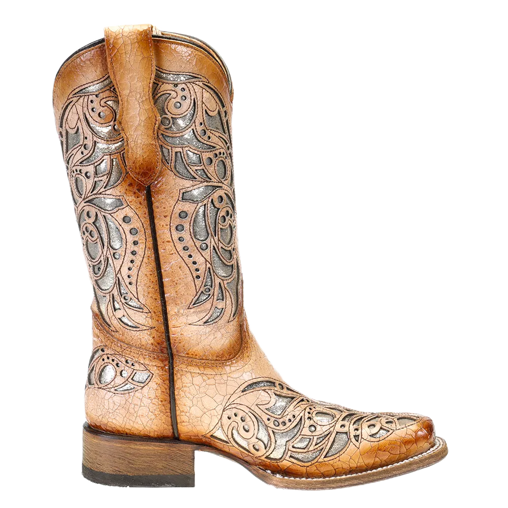 Corral Childrens Beige Shiny Inlay & Embroidery Square Toe Boots T0104
