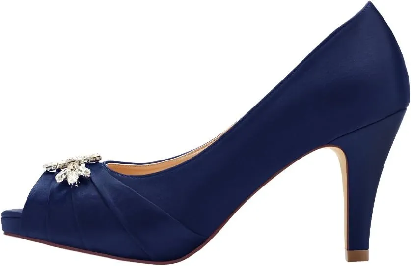 ERIJUNOR Peep Toe Mid Heels for Woman Rhinestones Satin Evening Prom Wedding Shoes