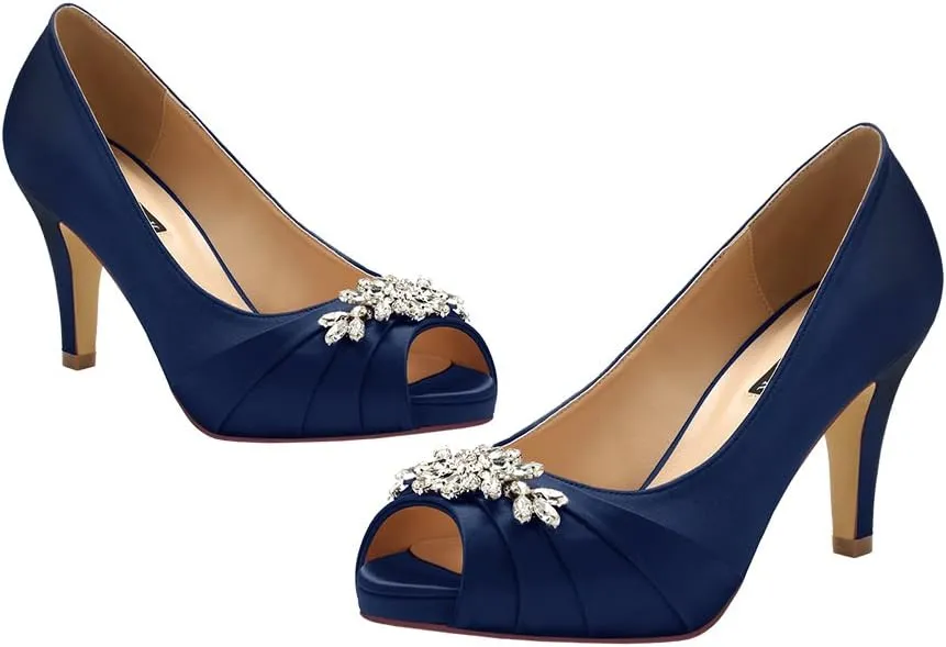 ERIJUNOR Peep Toe Mid Heels for Woman Rhinestones Satin Evening Prom Wedding Shoes
