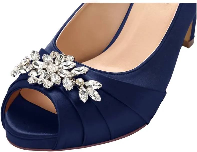 ERIJUNOR Peep Toe Mid Heels for Woman Rhinestones Satin Evening Prom Wedding Shoes