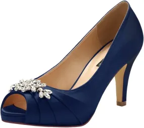 ERIJUNOR Peep Toe Mid Heels for Woman Rhinestones Satin Evening Prom Wedding Shoes