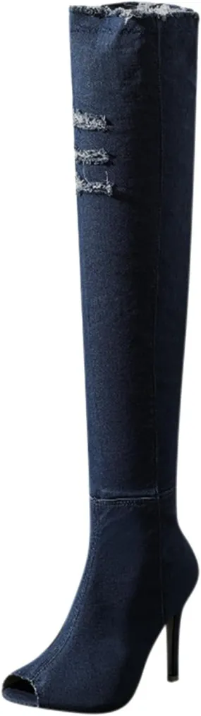 Fall Boots Womens Over The Knee Boots Stretch Thigh High Stiletto Denim Fish Mouth Boot Fashion Side Zip Boots