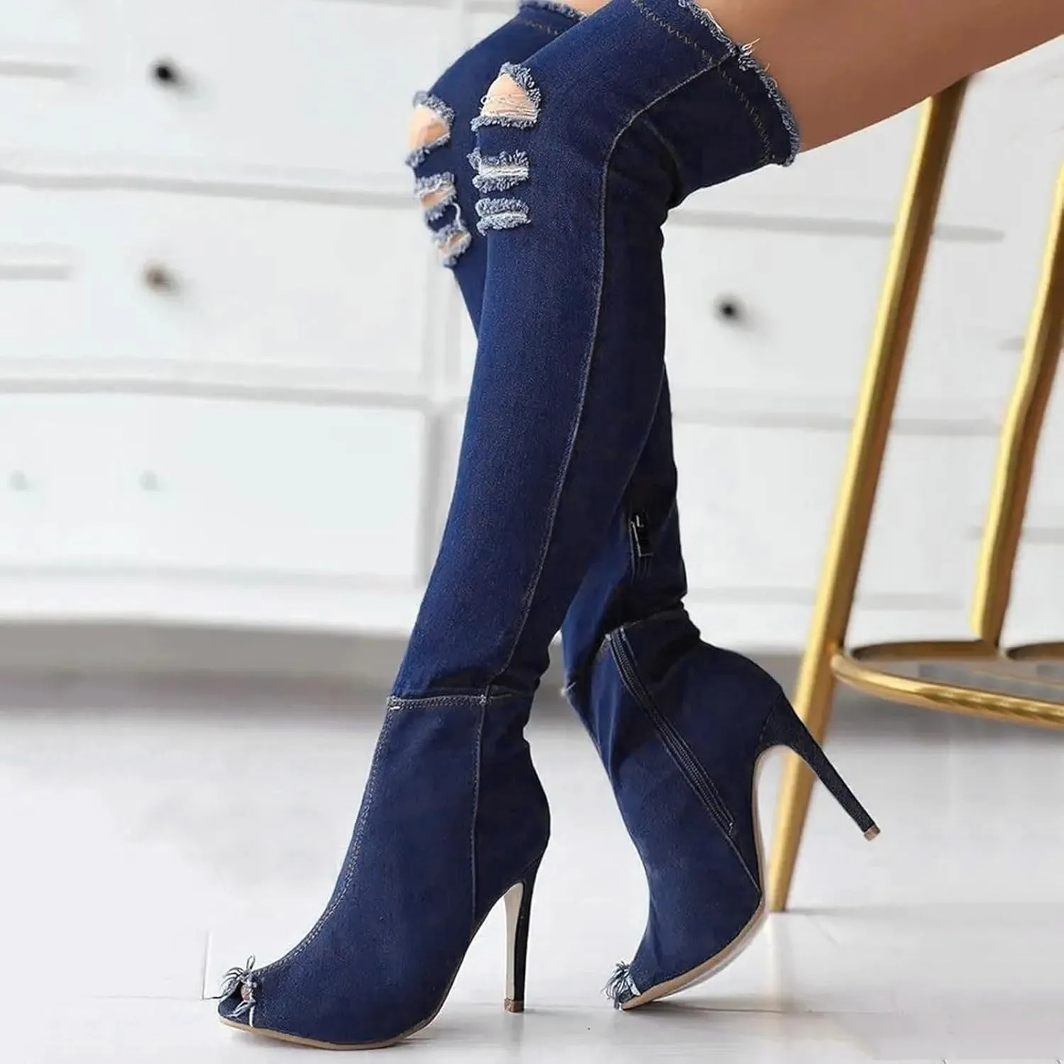 Fall Boots Womens Over The Knee Boots Stretch Thigh High Stiletto Denim Fish Mouth Boot Fashion Side Zip Boots