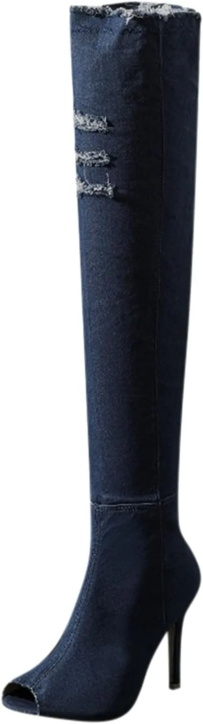 Fall Boots Womens Over The Knee Boots Stretch Thigh High Stiletto Denim Fish Mouth Boot Fashion Side Zip Boots