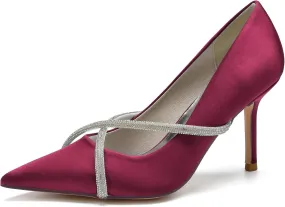 FufoneUS Bridal Shoes Stilettos 3 Inch Slip on Formal Dress Shoes for Ladies Wedding Party Evening Work,Burgundy,8