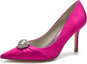 FufoneUS Bridal Shoes Women's Closed Toe Stiletto Bridal Evening Party Wedding Dress Shoes with Crystal,Rose red,6
