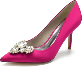 FufoneUS Women's Stiletto High Heel Dress Pumps Pointed Toe Bridal Wedding Evening Prom Shoes with Crystal,Rose red,8