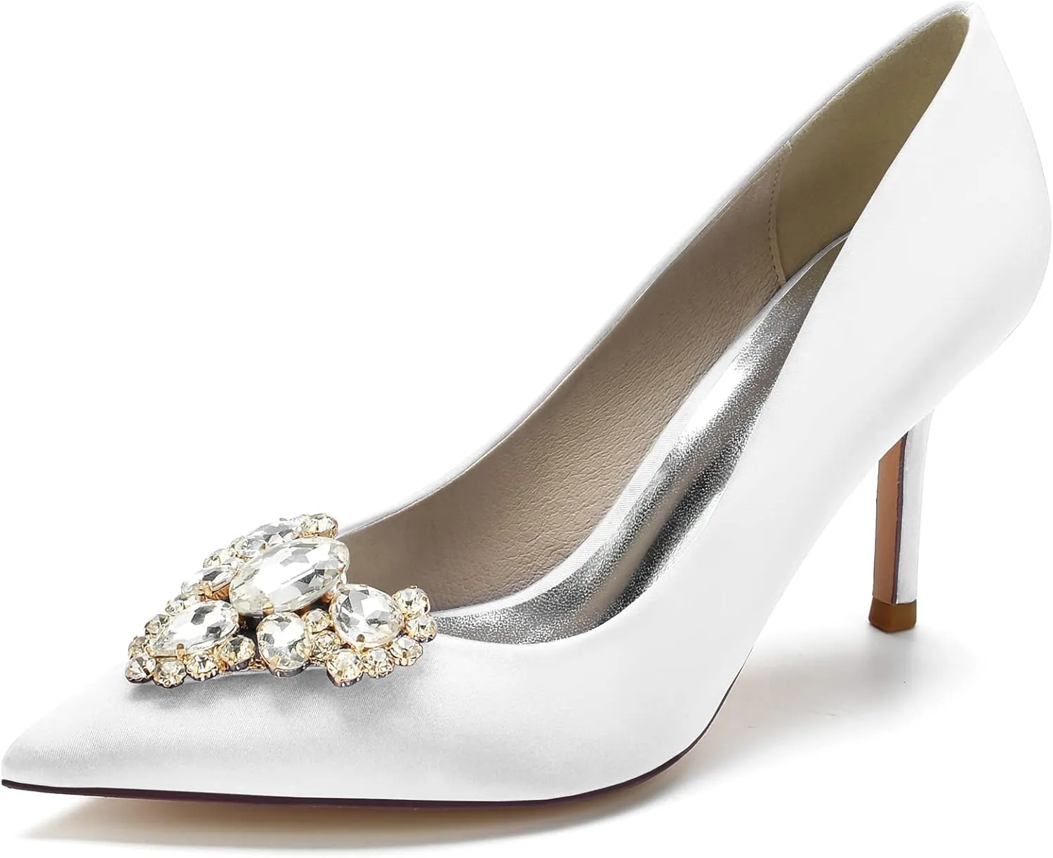 FufoneUS Women's Stiletto High Heel Dress Pumps Pointed Toe Bridal Wedding Evening Prom Shoes with Crystal,White,9