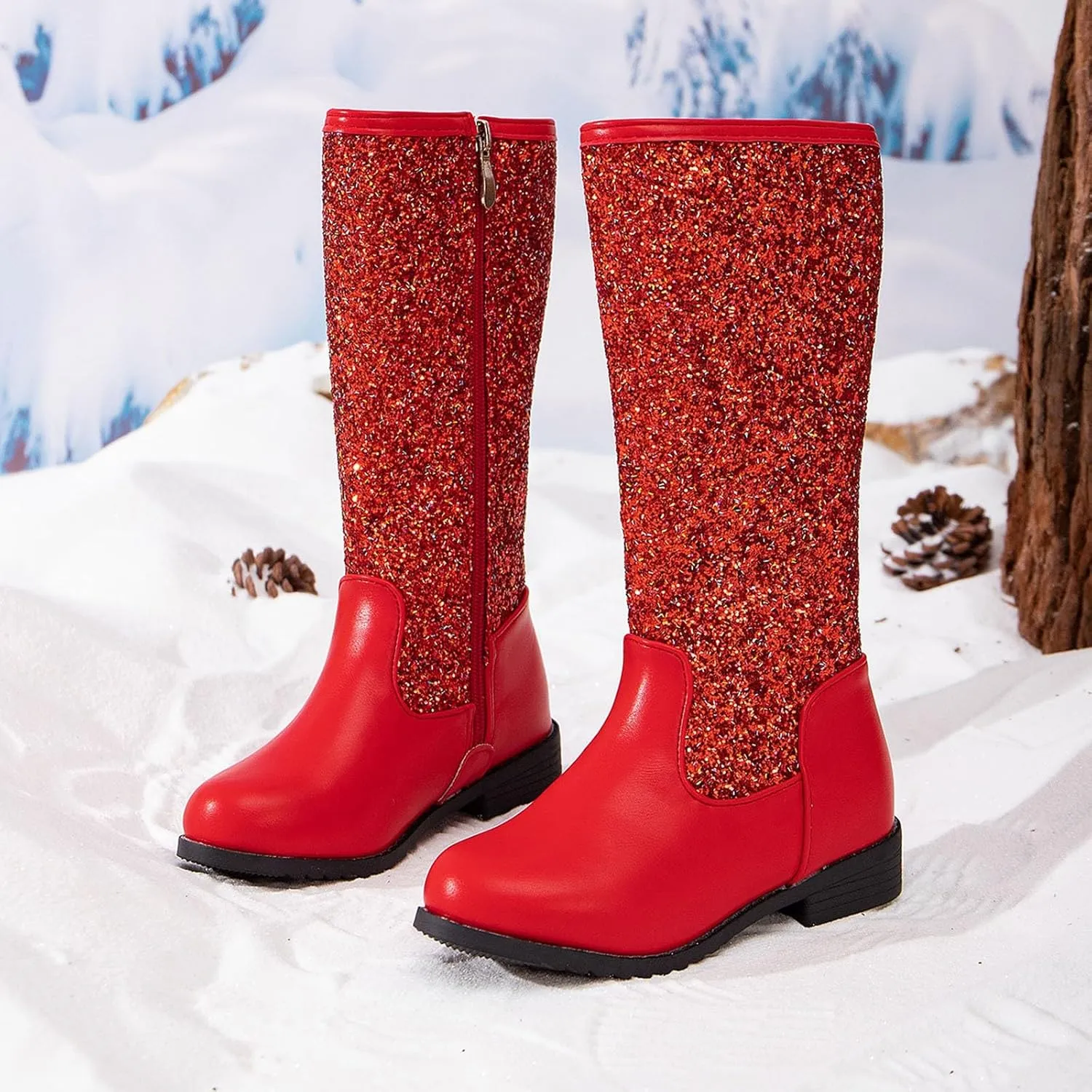 Girls Cowgirl Boots Child Mid Calf Warm Fur Lined Glitter Toddler Cowboy Boot Little Big Kids Western Riding Shoes