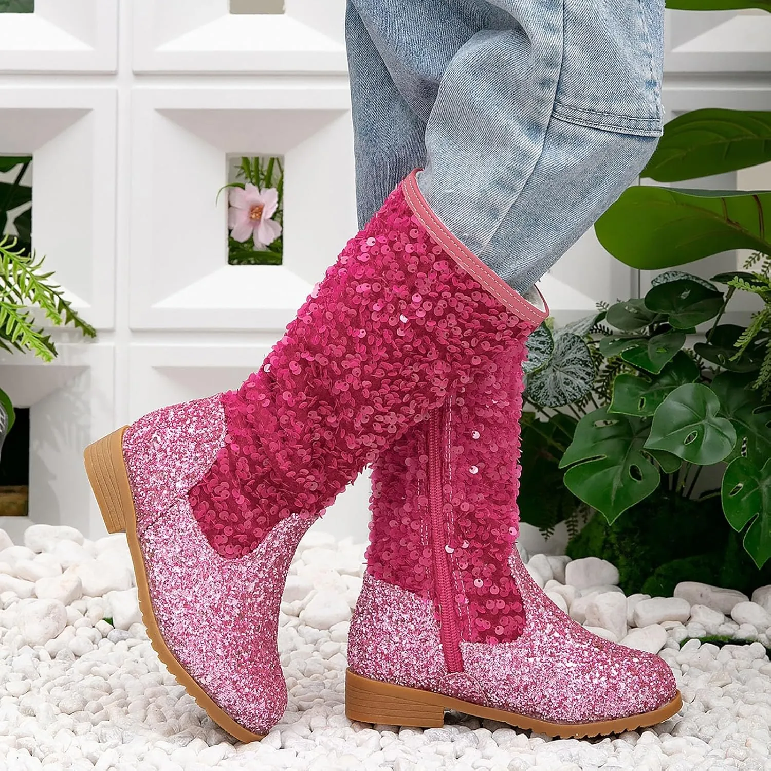 Girls Cowgirl Boots Child Mid Calf Warm Fur Lined Glitter Toddler Cowboy Boot Little Big Kids Western Riding Shoes