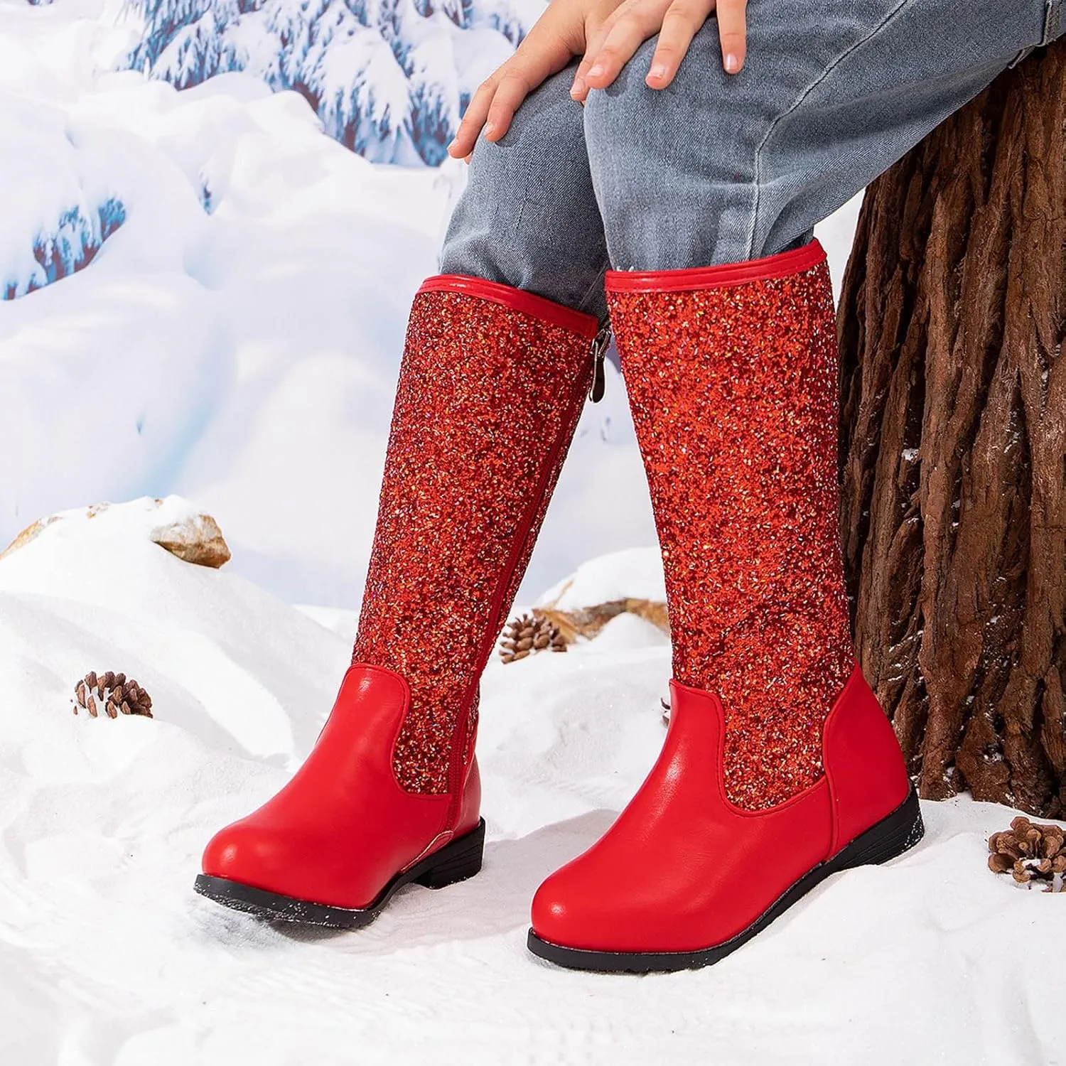 Girls Cowgirl Boots Child Mid Calf Warm Fur Lined Glitter Toddler Cowboy Boot Little Big Kids Western Riding Shoes