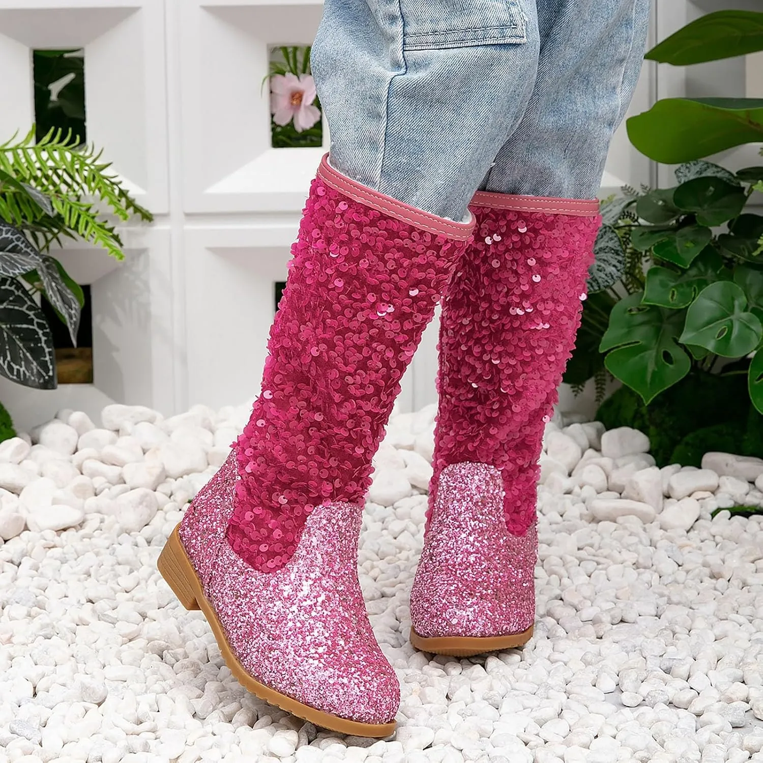 Girls Cowgirl Boots Child Mid Calf Warm Fur Lined Glitter Toddler Cowboy Boot Little Big Kids Western Riding Shoes