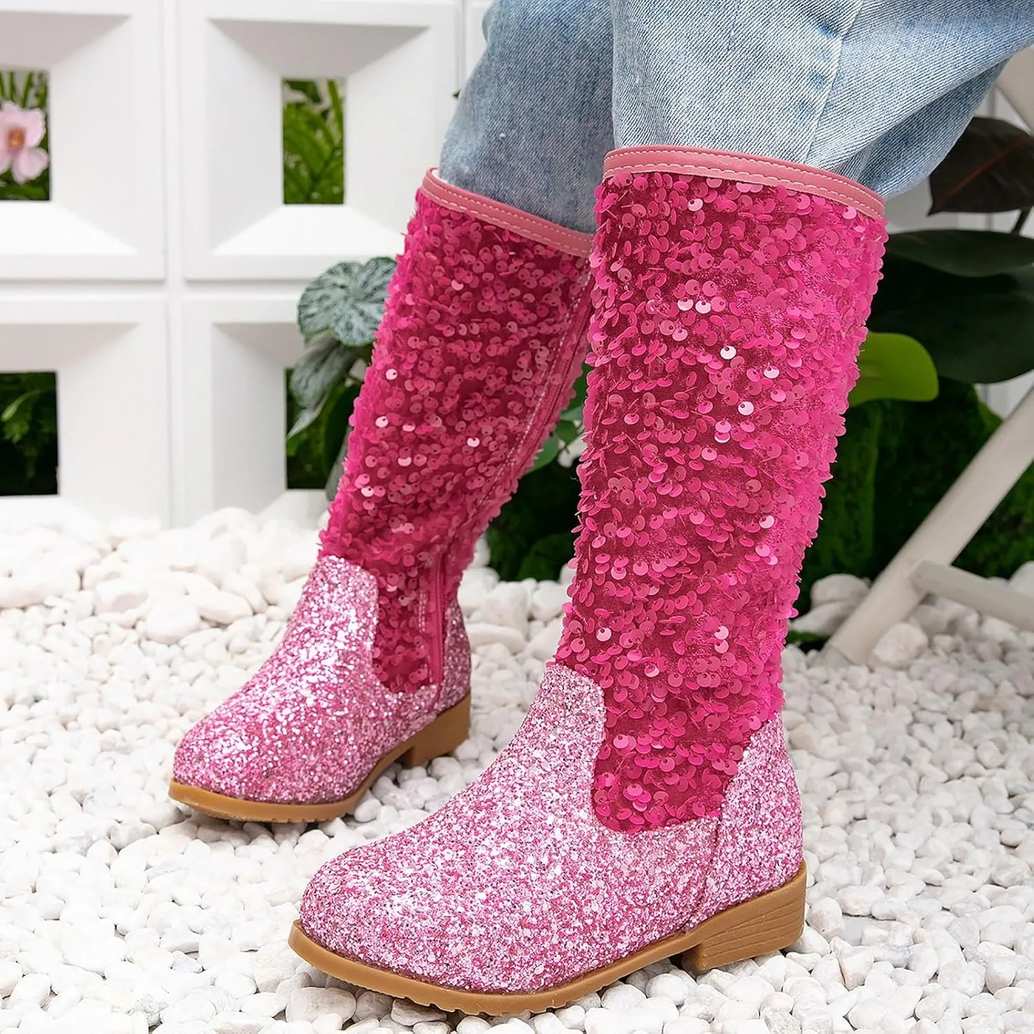 Girls Cowgirl Boots Child Mid Calf Warm Fur Lined Glitter Toddler Cowboy Boot Little Big Kids Western Riding Shoes