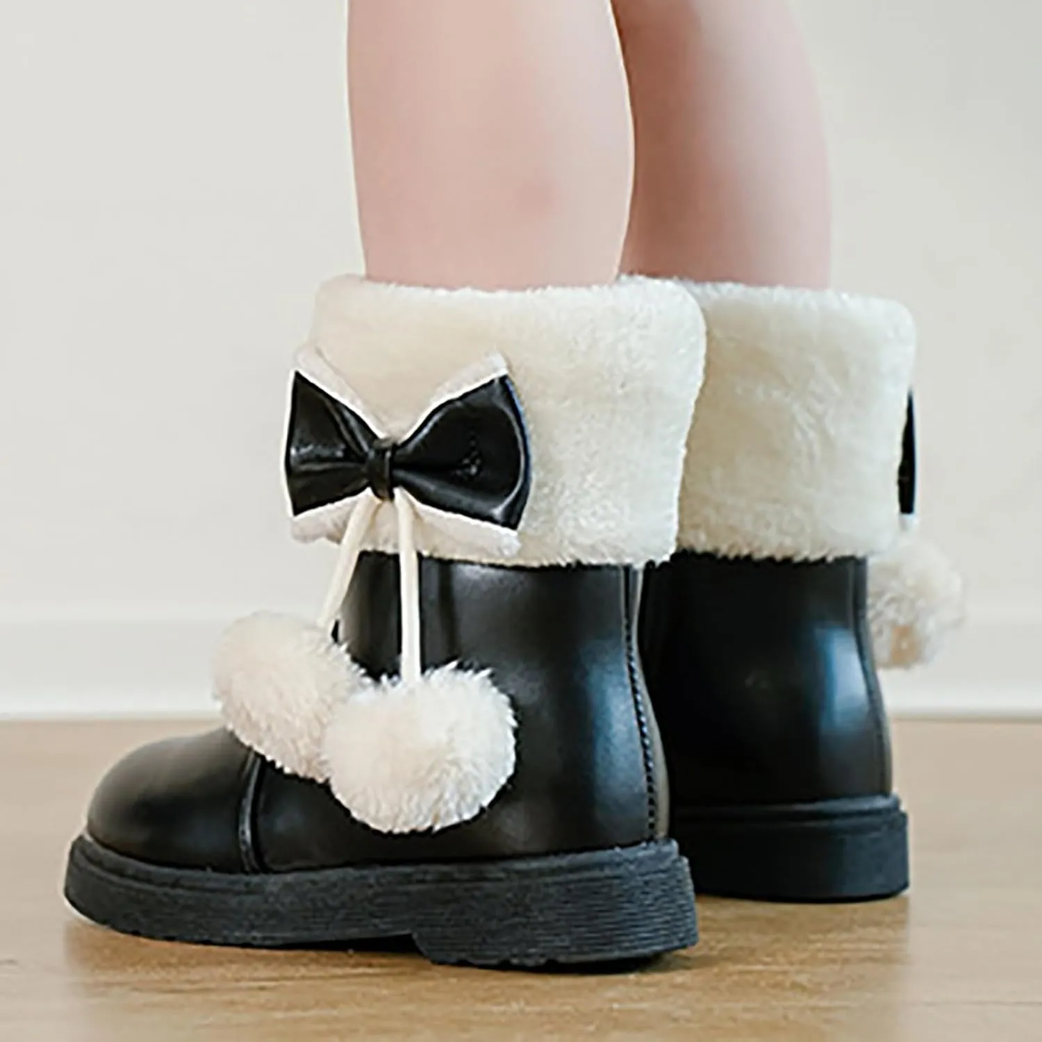 Girl's Winter Snow Boots Faux Fur Lined Mid Calf Shoes Cute Bowknot Fur Lining Warm Snow Boots