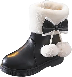 Girl's Winter Snow Boots Faux Fur Lined Mid Calf Shoes Cute Bowknot Fur Lining Warm Snow Boots