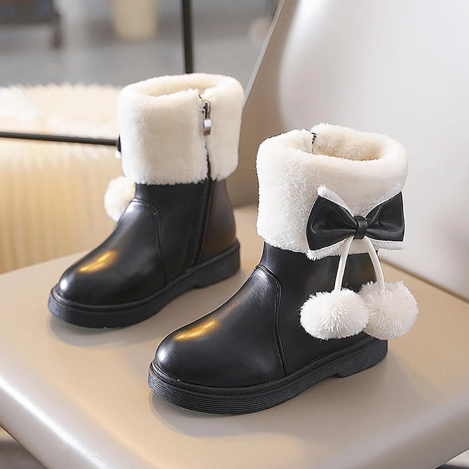 Girl's Winter Snow Boots Faux Fur Lined Mid Calf Shoes Cute Bowknot Fur Lining Warm Snow Boots