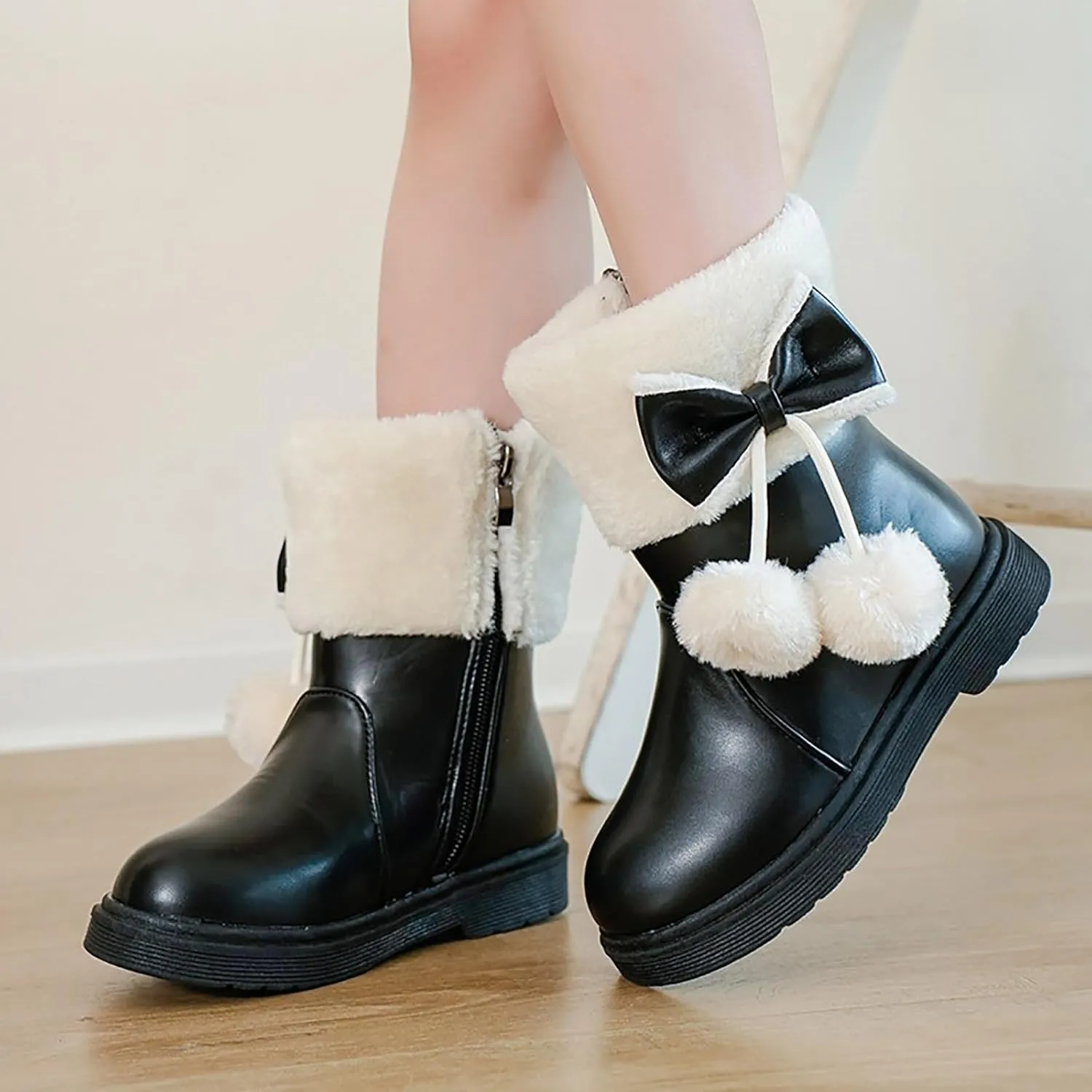 Girl's Winter Snow Boots Faux Fur Lined Mid Calf Shoes Cute Bowknot Fur Lining Warm Snow Boots