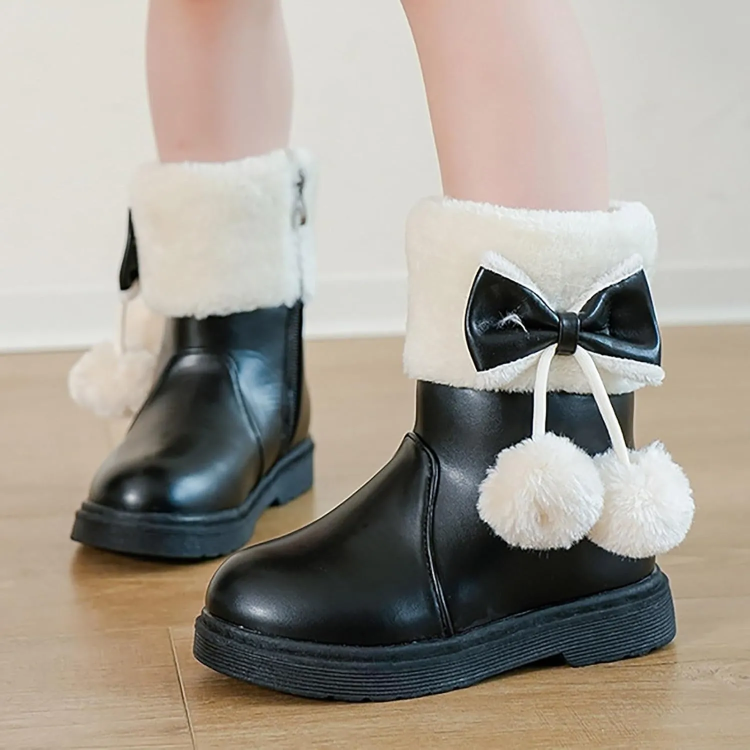 Girl's Winter Snow Boots Faux Fur Lined Mid Calf Shoes Cute Bowknot Fur Lining Warm Snow Boots