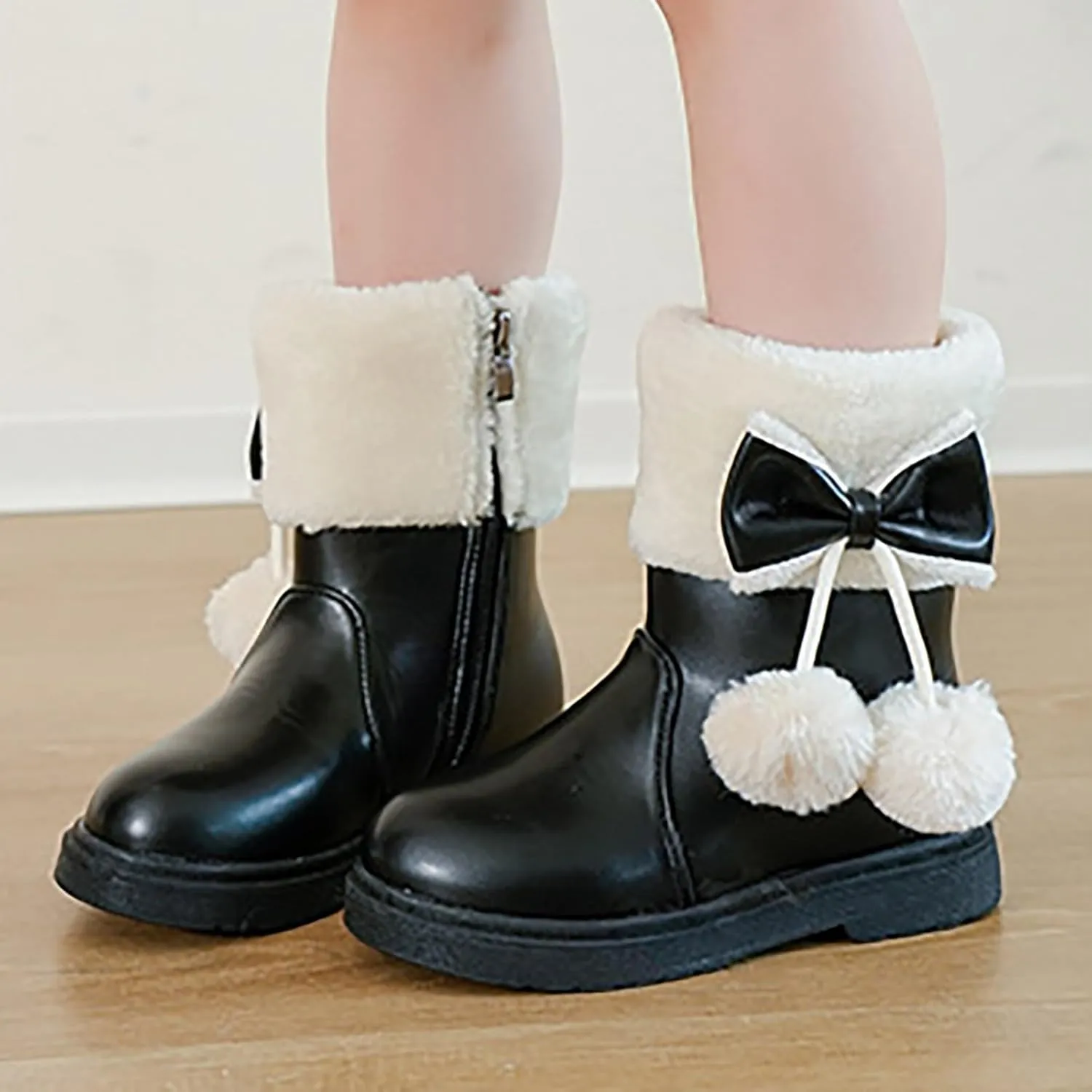 Girl's Winter Snow Boots Faux Fur Lined Mid Calf Shoes Cute Bowknot Fur Lining Warm Snow Boots