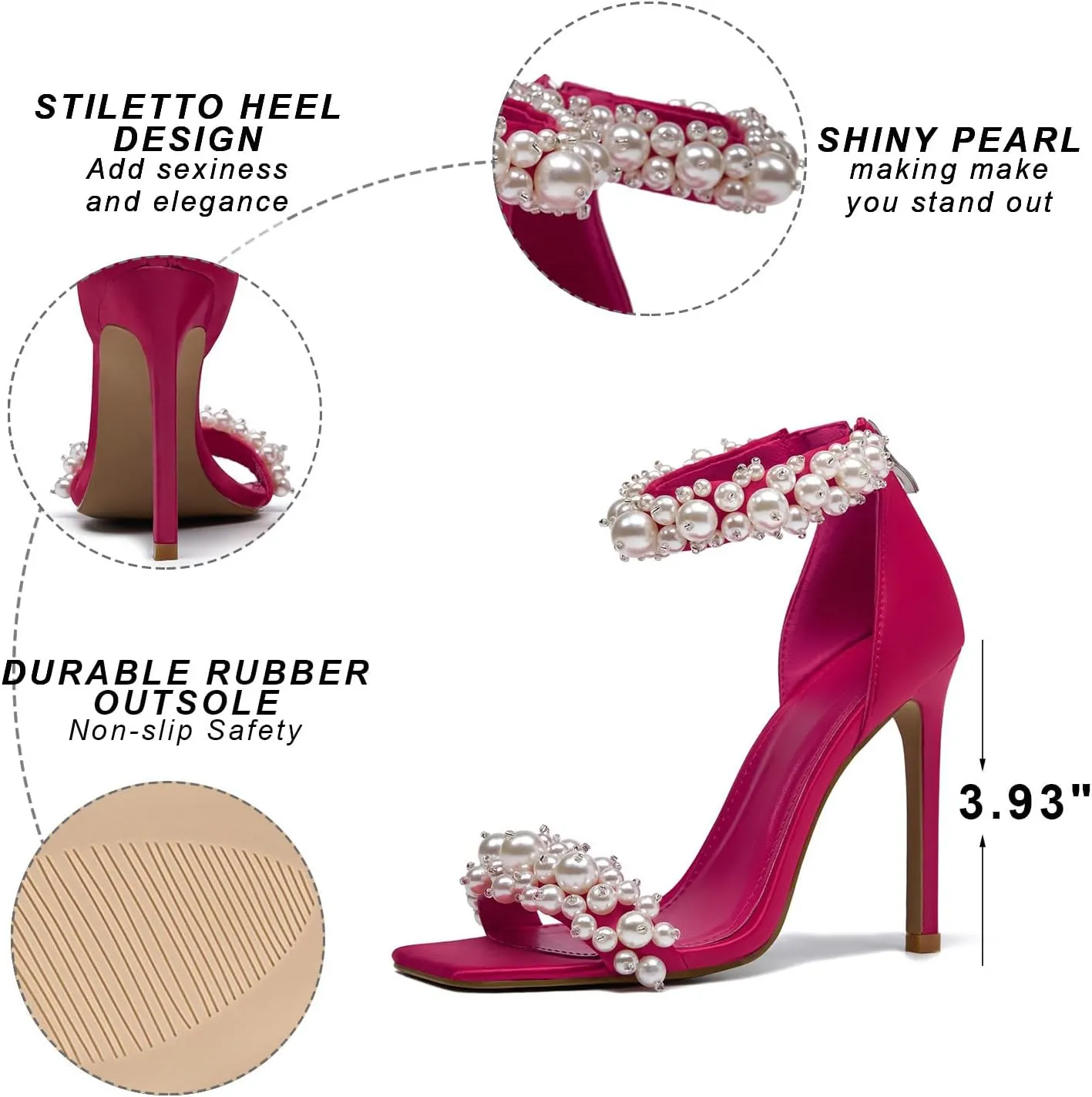 GOSERCE Women's Pearl Stiletto Heels Sandals Open Square Toe Pumps High Heels Ankle Back Zipper Satin Prom Wedding Party Dress for Women Heeled