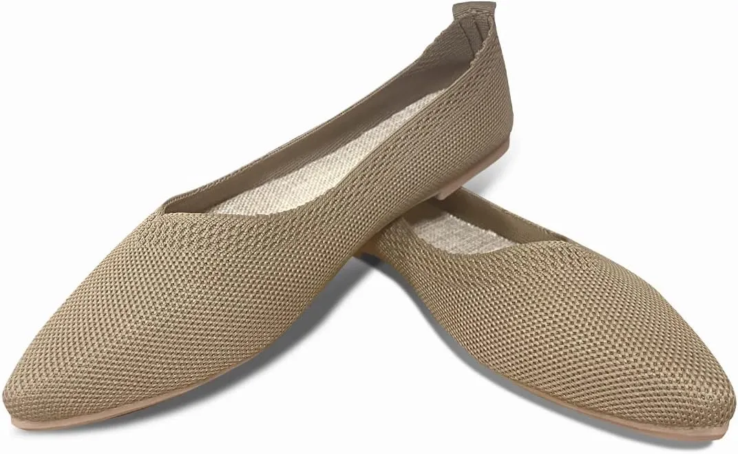 Husmeu Women's Pointed-Toe Ballet Flat Shoes Knit Classic Ballet Flats Walking Shoes Casual Formal Comfortable Slip-On Flat Shoes Leopard Khaki