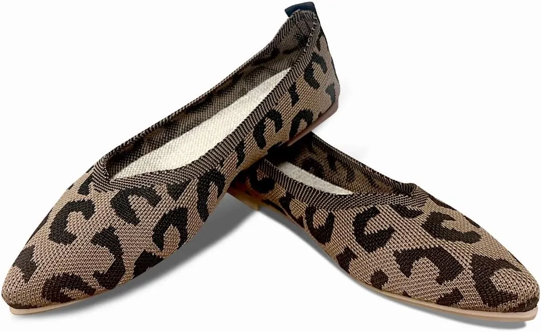 Husmeu Women's Pointed-Toe Ballet Flat Shoes Knit Classic Ballet Flats Walking Shoes Casual Formal Comfortable Slip-On Flat Shoes Leopard Khaki
