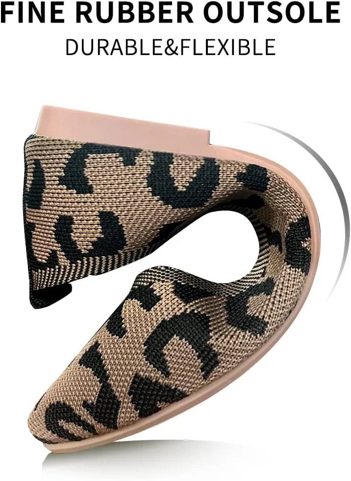 Husmeu Women's Pointed-Toe Ballet Flat Shoes Knit Classic Ballet Flats Walking Shoes Casual Formal Comfortable Slip-On Flat Shoes Leopard Khaki