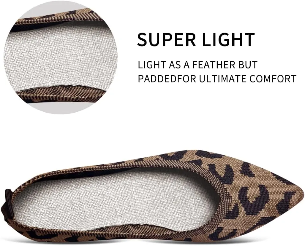 Husmeu Women's Pointed-Toe Ballet Flat Shoes Knit Classic Ballet Flats Walking Shoes Casual Formal Comfortable Slip-On Flat Shoes Leopard Khaki