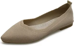 Husmeu Women's Pointed-Toe Ballet Flat Shoes Knit Classic Ballet Flats Walking Shoes Casual Formal Comfortable Slip-On Flat Shoes Leopard Khaki